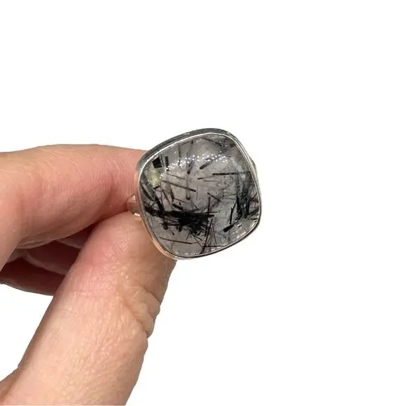 Rutilated Quartz Ring Size 11 Solid 925 Sterling Silver Black Tourmaline Rutile - Picture 4 of 9